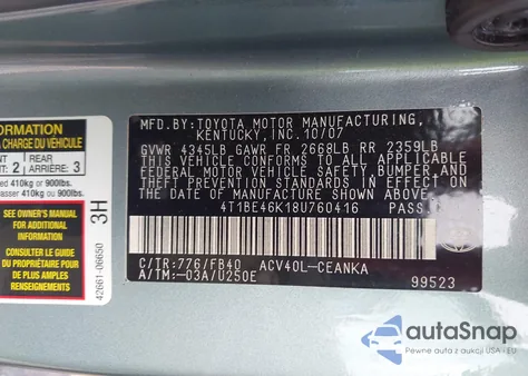 2008 Toyota Camry Le z USA, uszkodzony, nr VIN 4T1BE46K18U760416